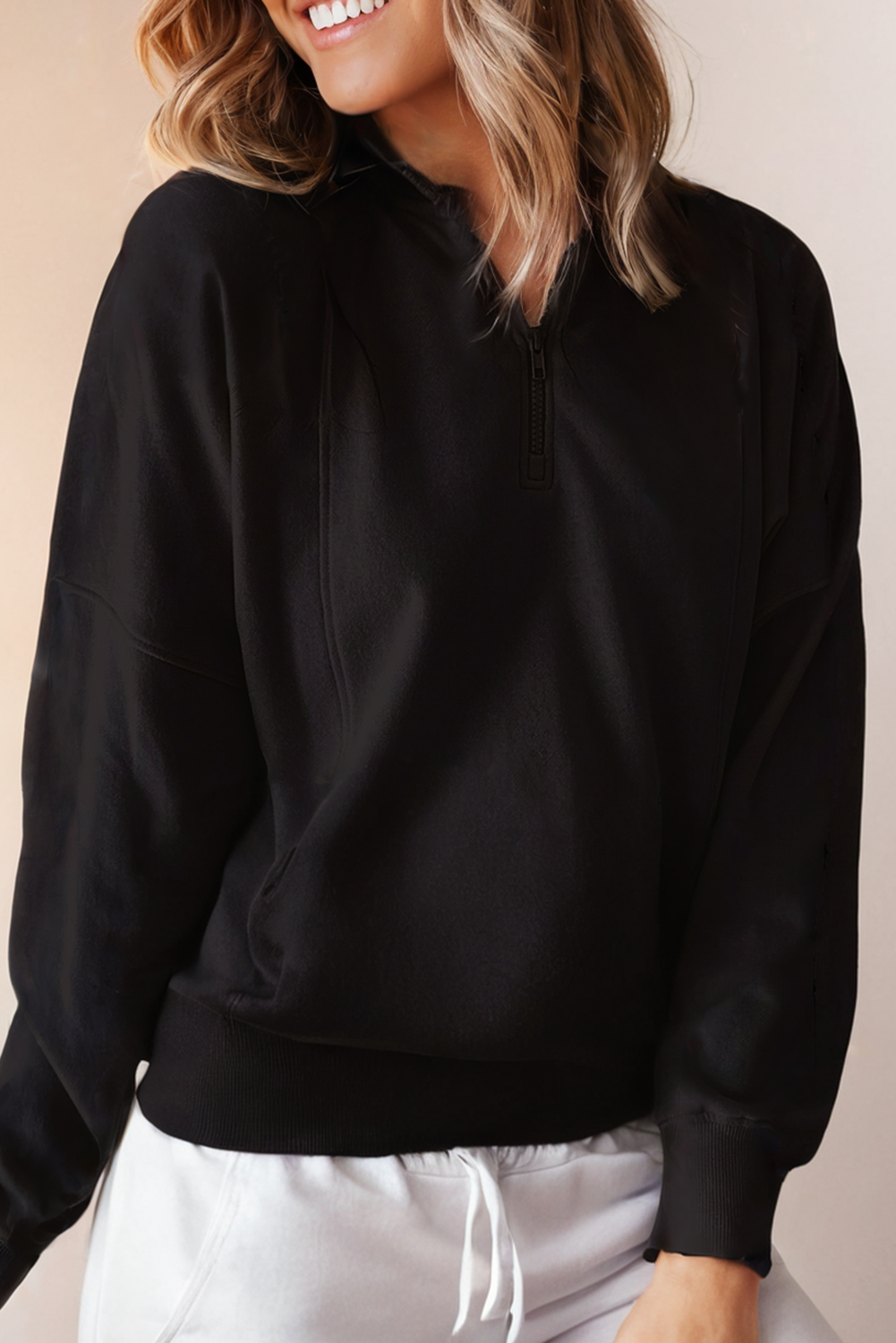 Womens Half Zipped Neck Pullover Drop Shoulder Sweatshirt: White / Missy / XL