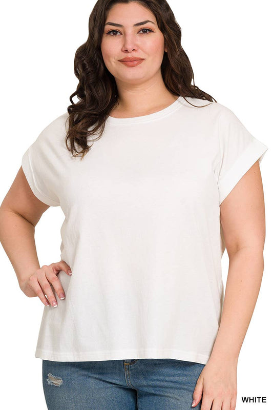,..._ Plus size Cotton Folded Sleeve T Shirt: +WHITE-173980 / 2X