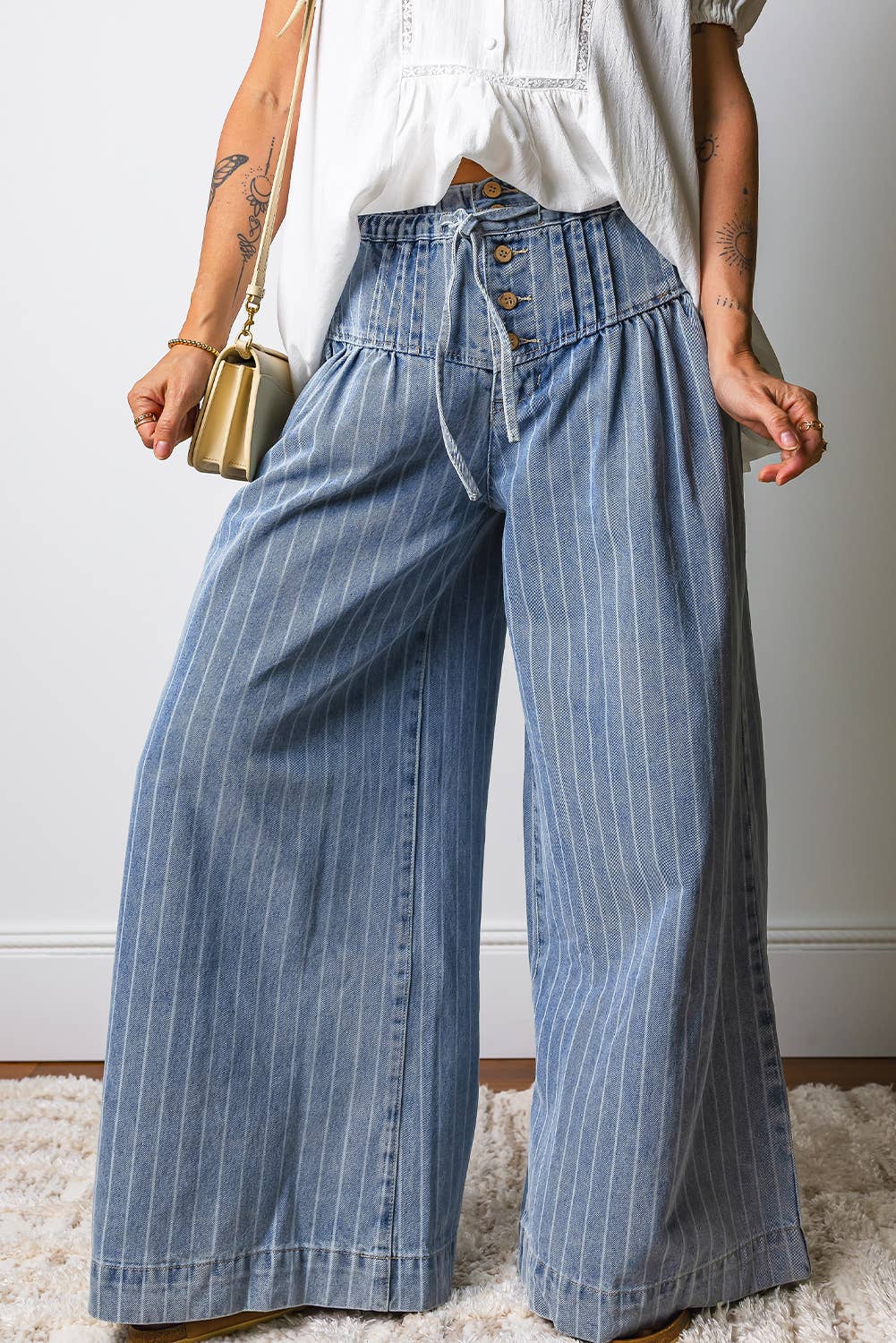 Stripe Button Pleated Drawstring Wide Leg Jeans | 4-16: Sky Blue Stripe / 8