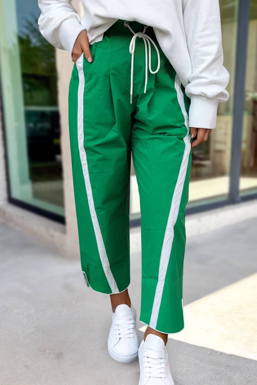 Stripe Smocked Waist Drawstring Cropped Pants | S-XL: Black / L