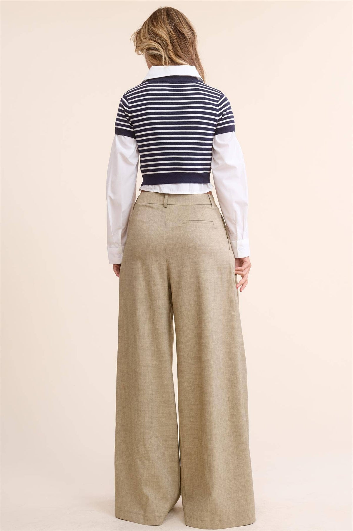 Trendy Low Waist  Wide Leg Pleated Trouser Pants: BEIGE / S