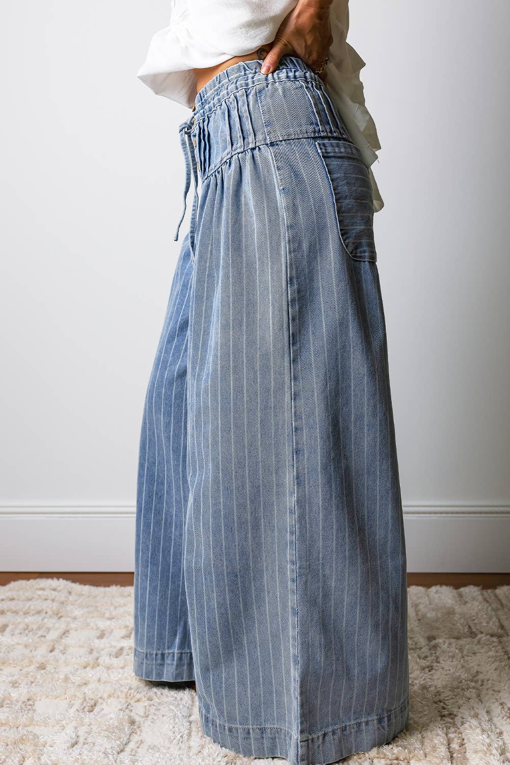 Stripe Button Pleated Drawstring Wide Leg Jeans | 4-16: Sky Blue Stripe / 8