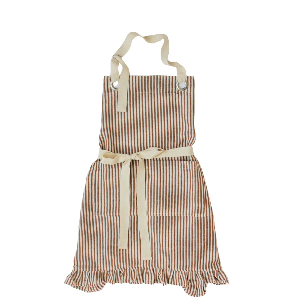 Ruffle Pin Stripe Apron: Tan