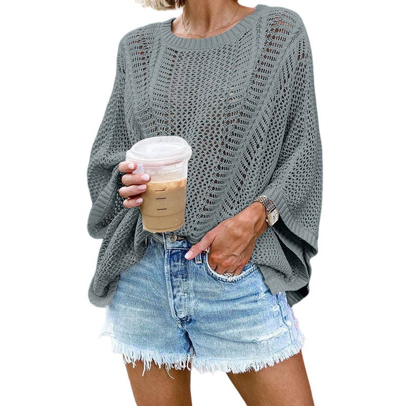 Ladies Bat Sleeves Hollow Out Knit Blouse 22065: White / S
