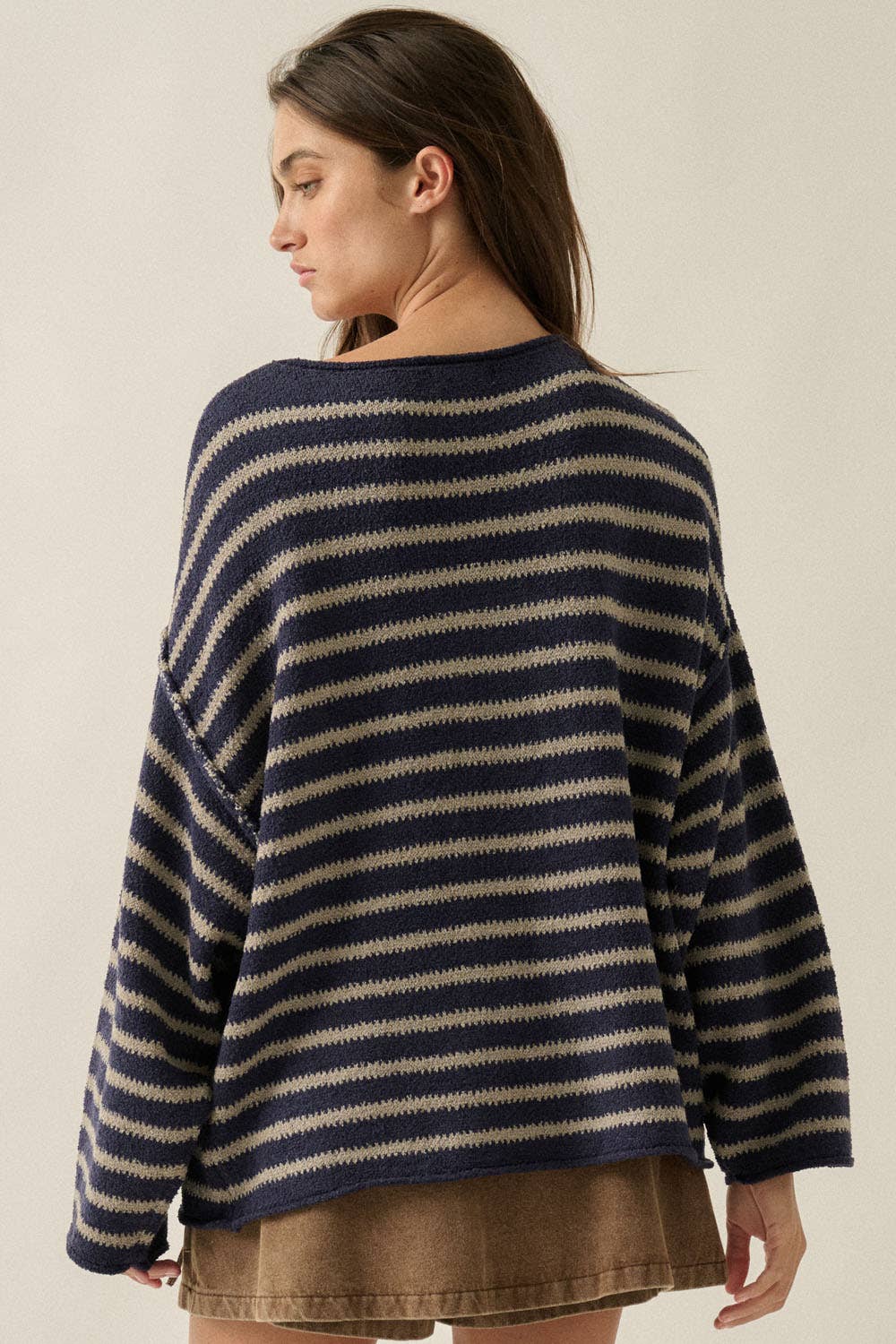 Striped Textured Knit Oversized Sweater: Choco-Blue / M