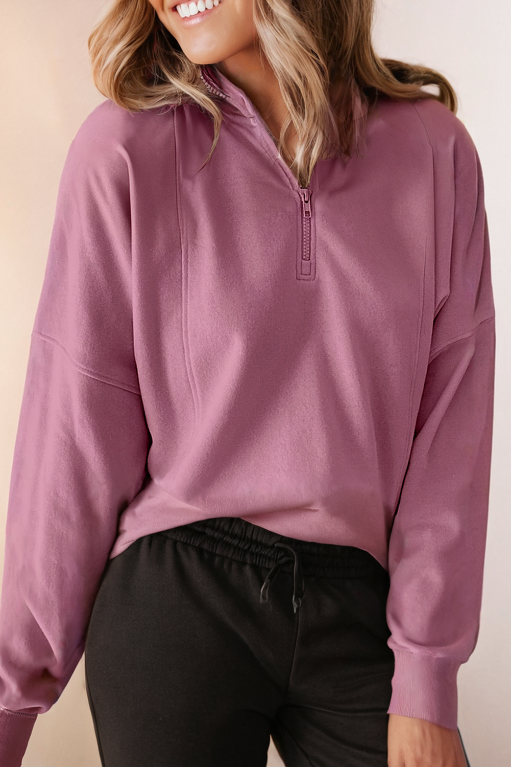 Womens Half Zipped Neck Pullover Drop Shoulder Sweatshirt: White / Missy / L