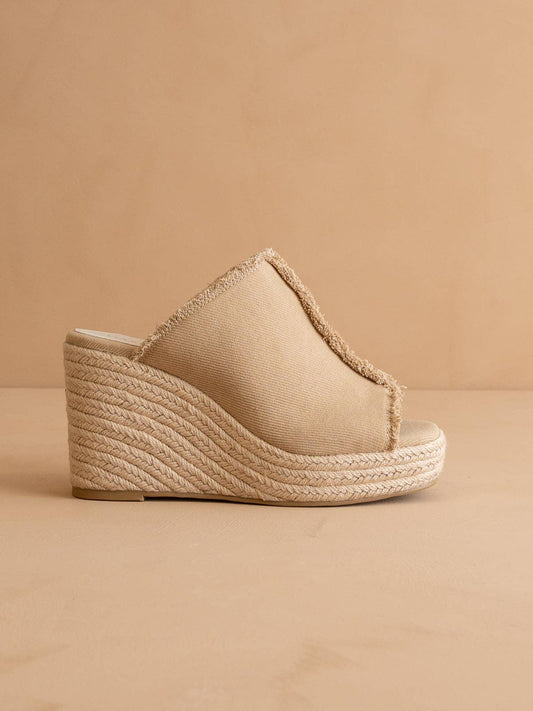 The Verona | Khaki Frayed Denim Espadrille Wedge: KHAKI / 6