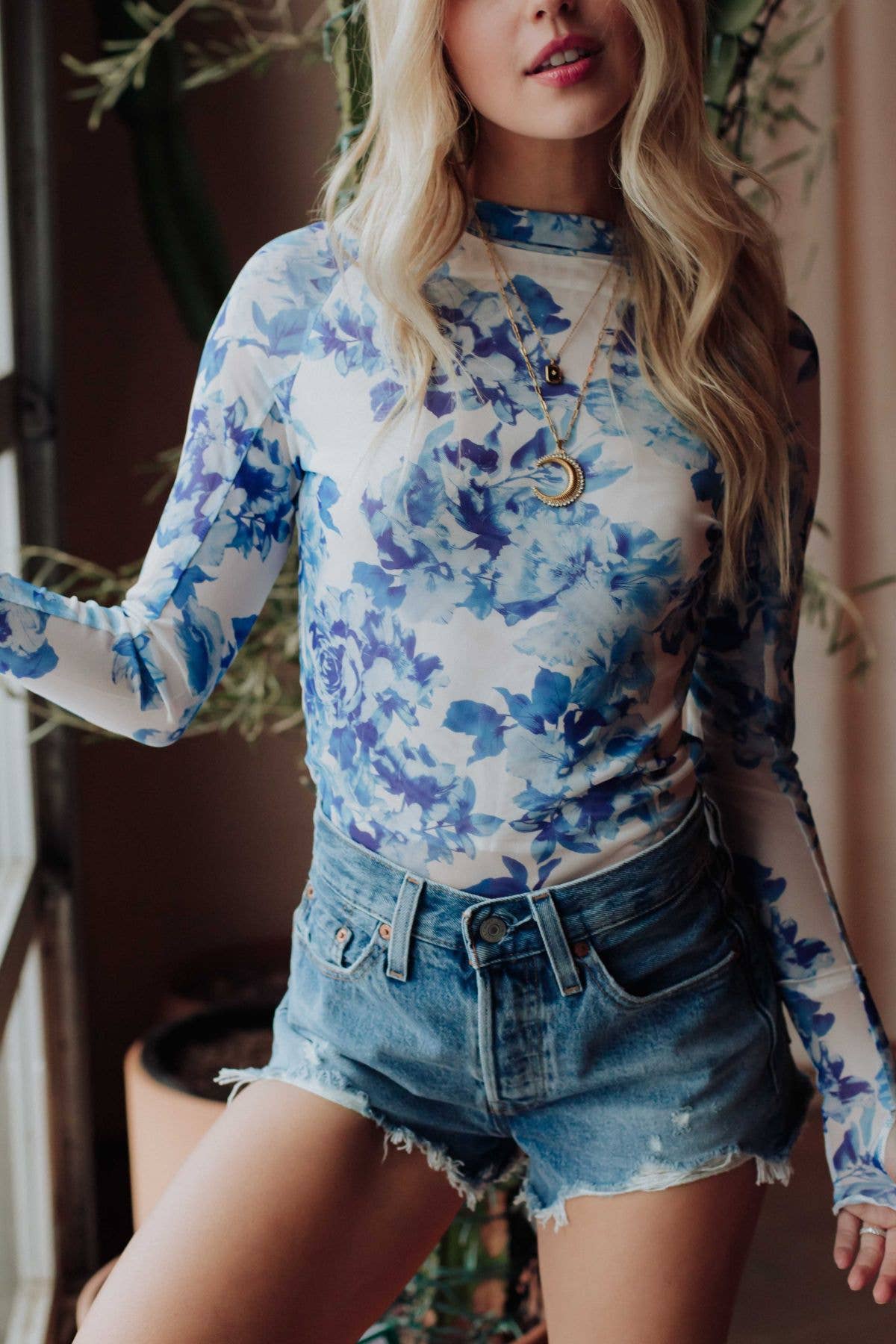 Blue & White Floral Mesh Top
