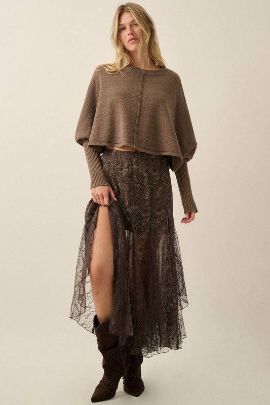 Paisley-Print Chiffon & Lace Elastic-Waist Godet Maxi Skirt: Espresso / L