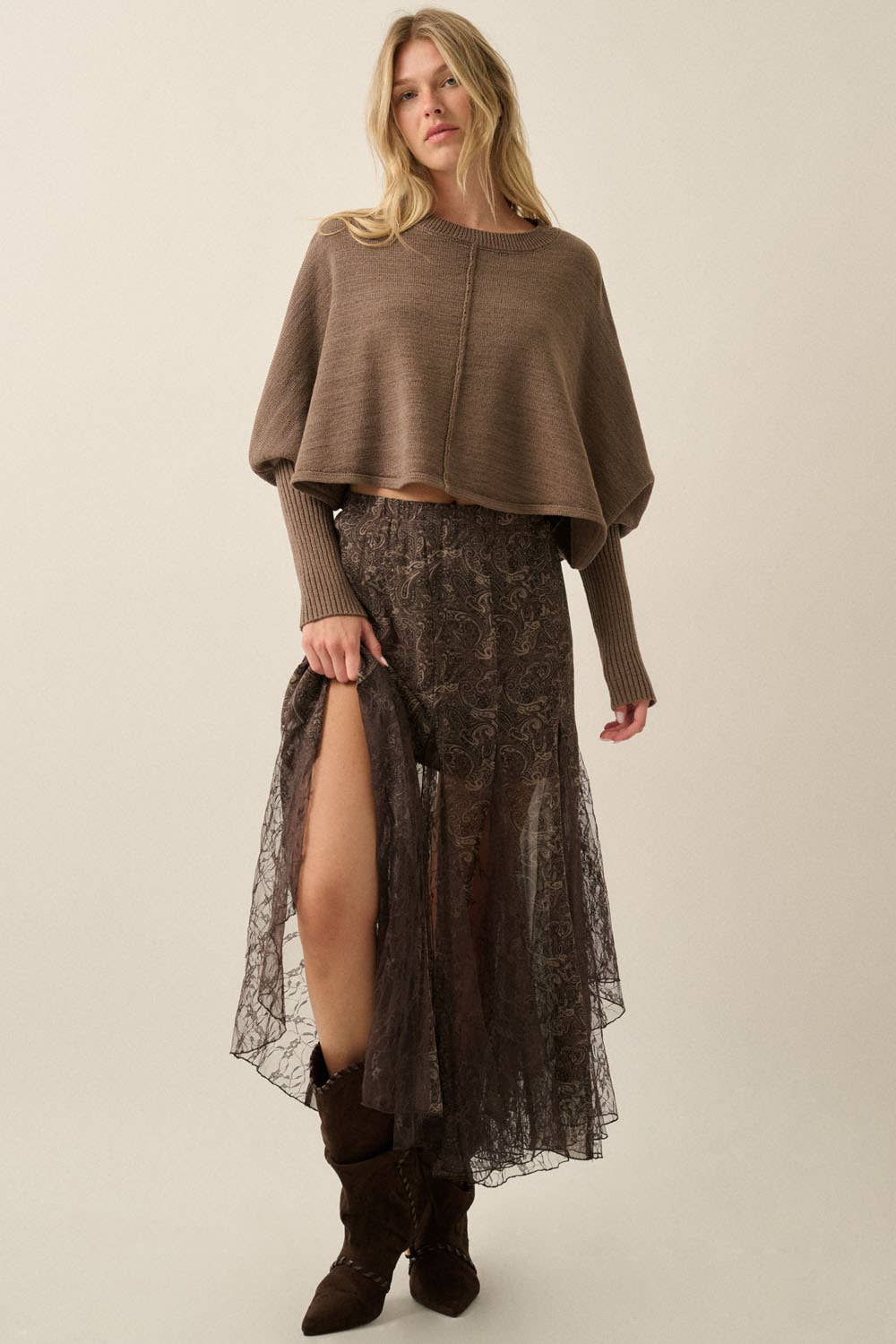 Paisley-Print Chiffon & Lace Elastic-Waist Godet Maxi Skirt: Espresso / S