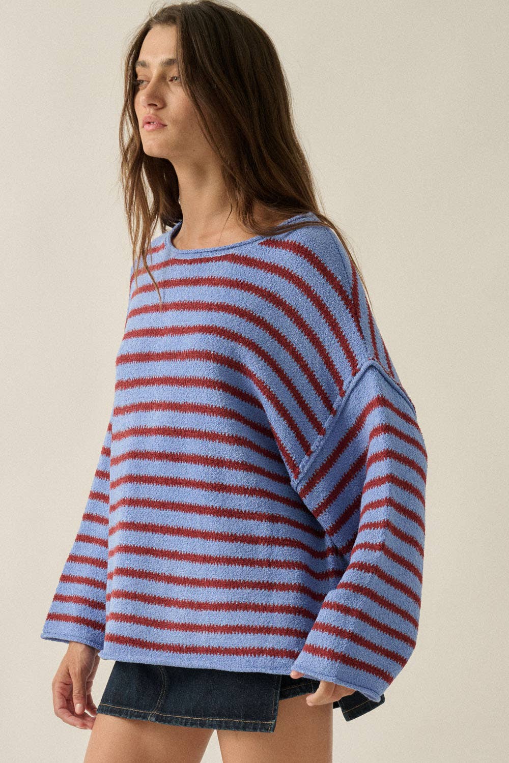 Striped Textured Knit Oversized Sweater: Midnight-Grey / L