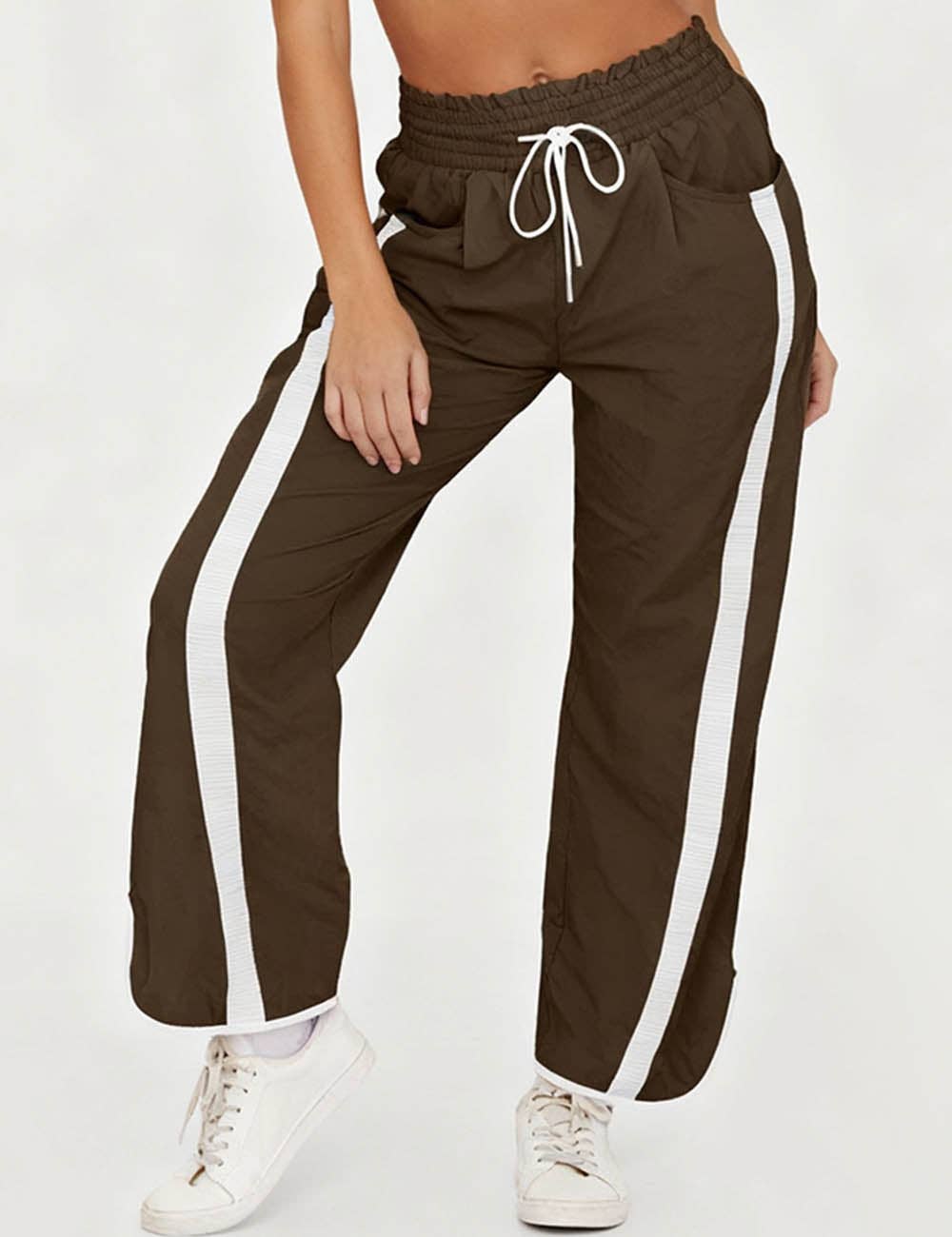 Ladies Color Block Striped Elastic Tie Waist Wide Leg Pants: Coffee / S