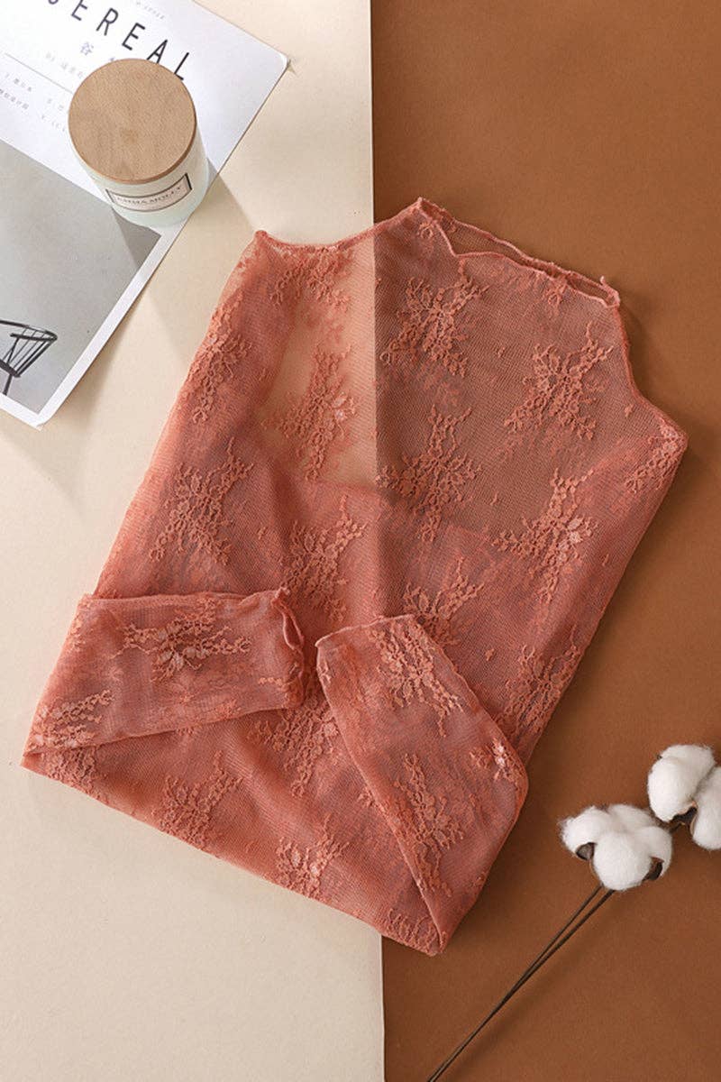 Elegant Lace Sheer T-Shirt: COFFEE / M