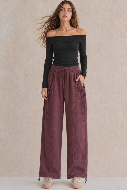 VINTAGE GAUZE JOGGER PANTS: MERLOT / L