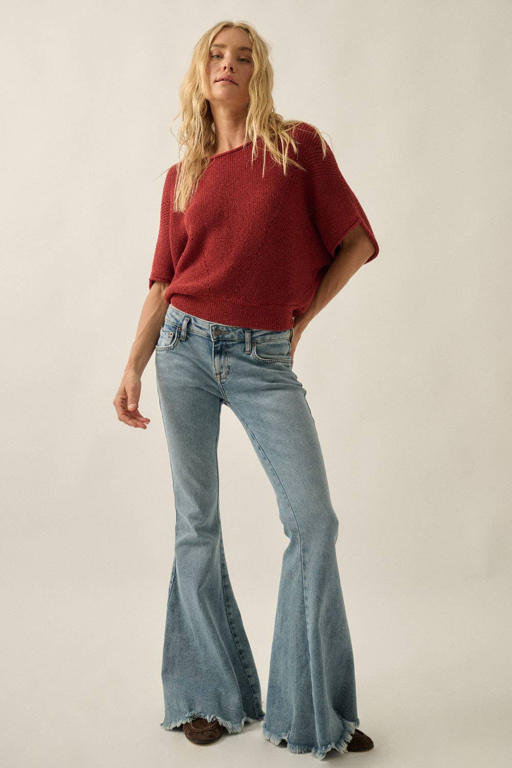 Short-Sleeve Pointelle Ribbed Knit Sweater: Mulberry / M
