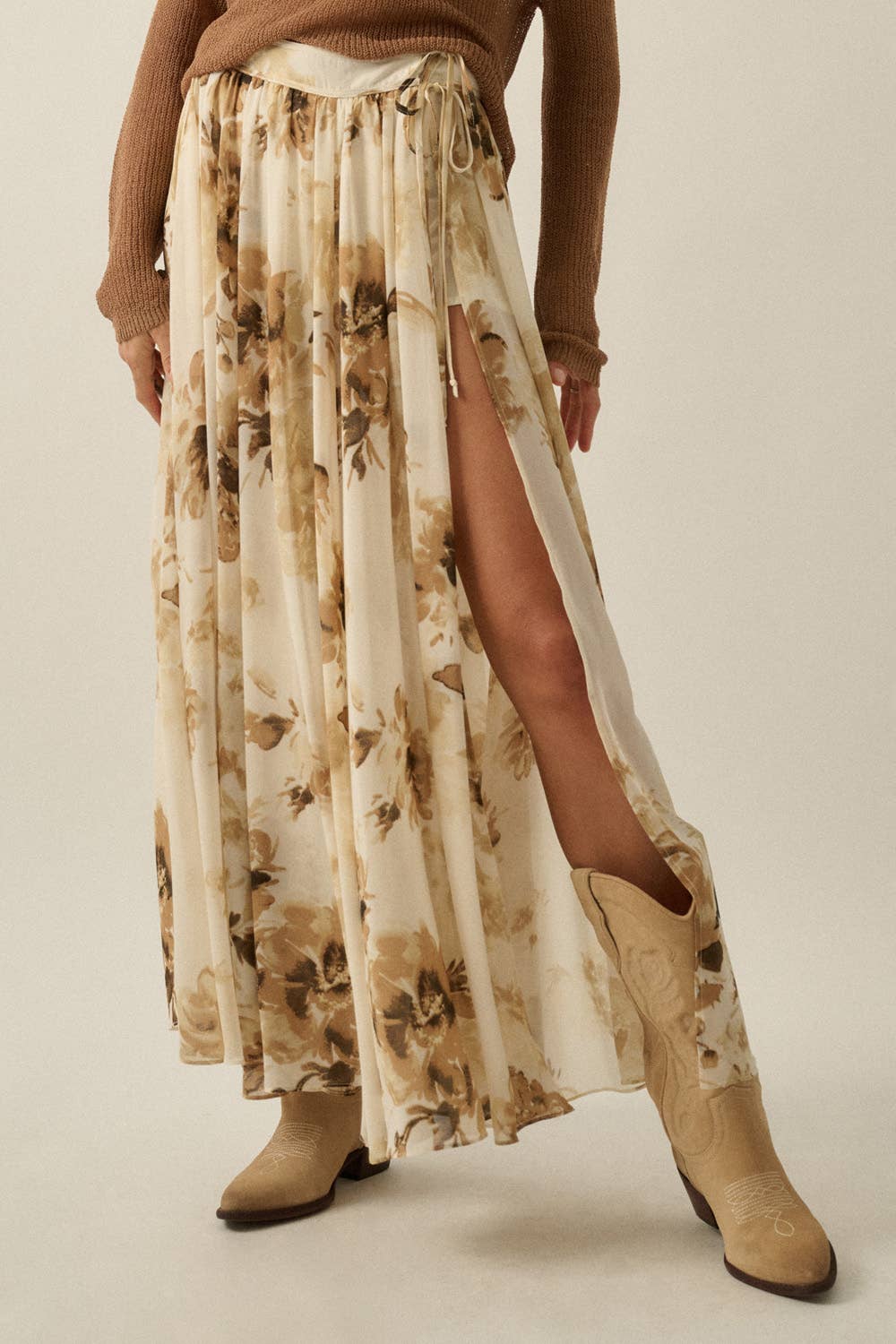Floral-Print Chiffon Tie-Waist Maxi Skort: Retro Blue / M