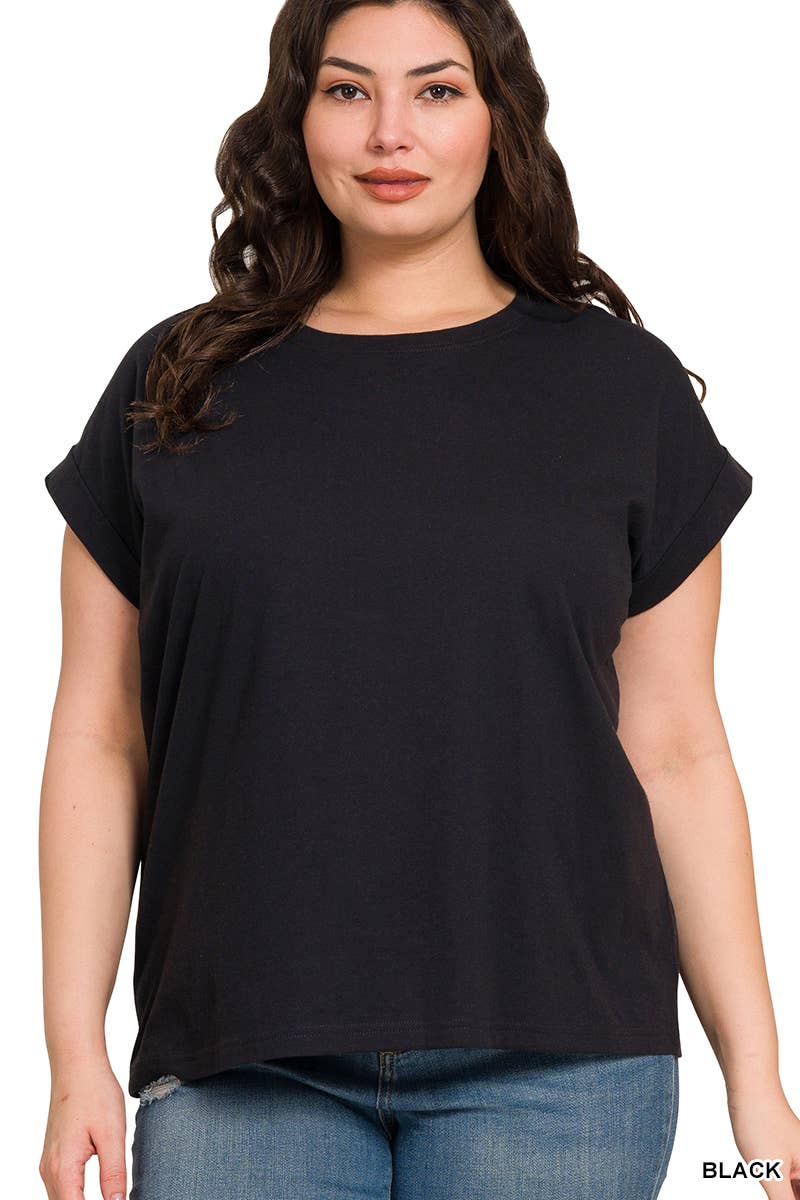 ,..._ Plus size Cotton Folded Sleeve T Shirt: +WHITE-173980 / 3X