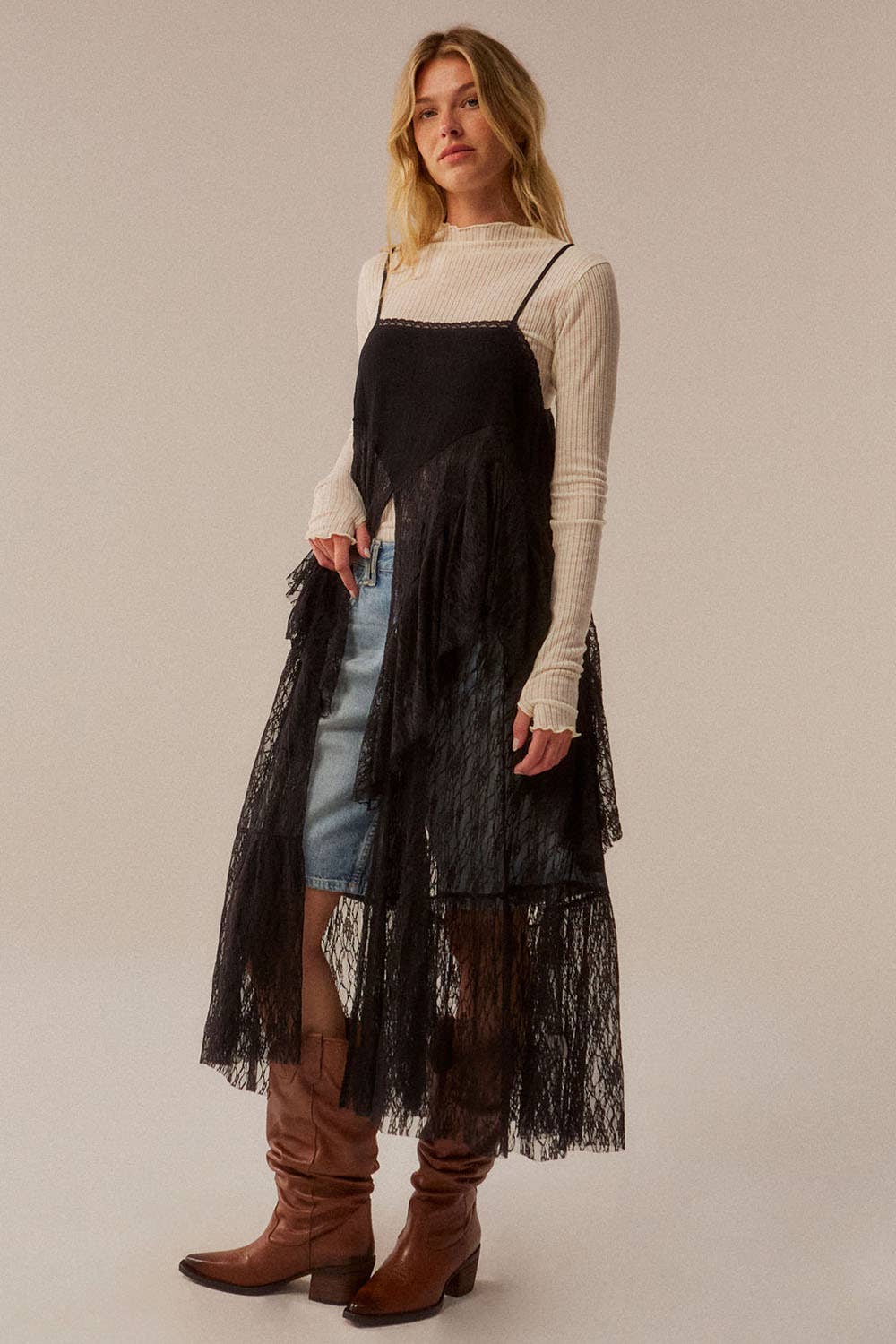 Ruffled Lace Flyaway Maxi Cami Top: Black / M