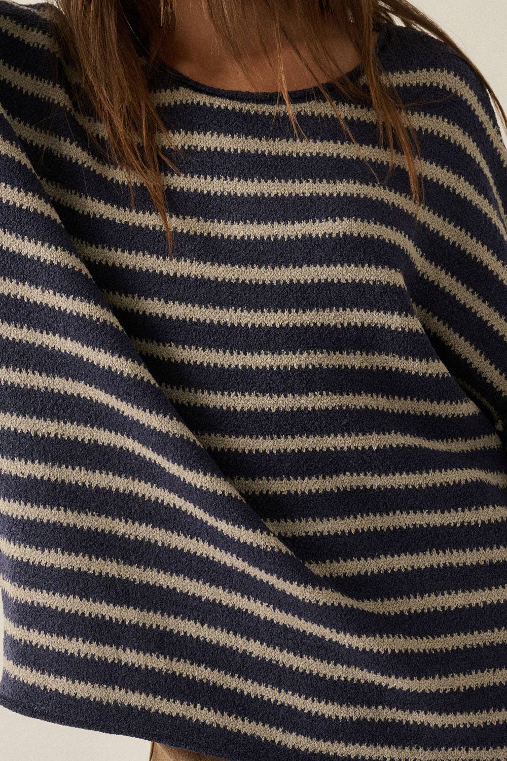 Striped Textured Knit Oversized Sweater: Choco-Blue / L