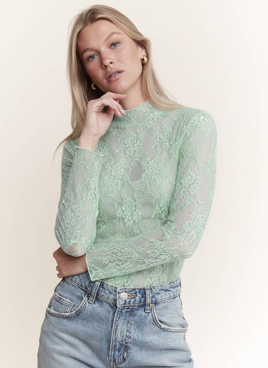 Floral Print Lace Long Sleeve Top KRT1739: NAVY / L
