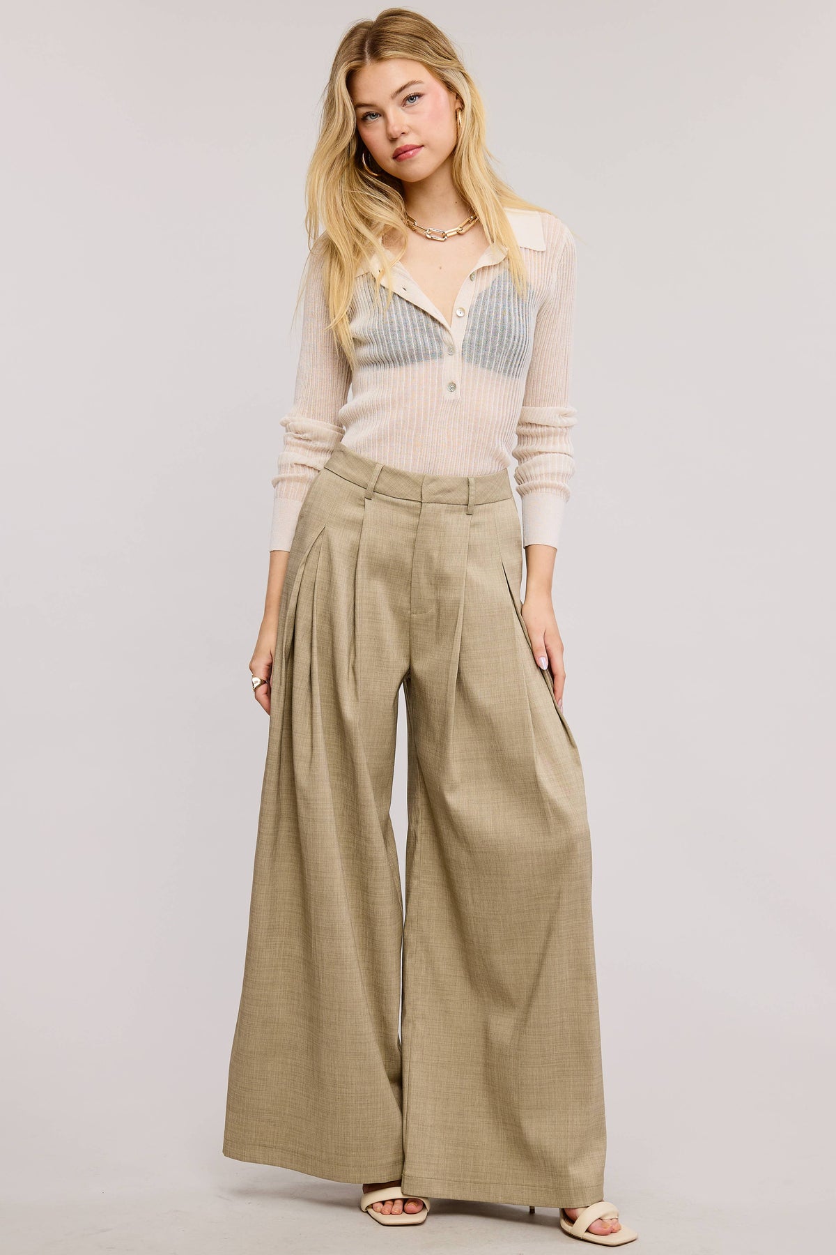 Trendy Low Waist  Wide Leg Pleated Trouser Pants: BEIGE / L