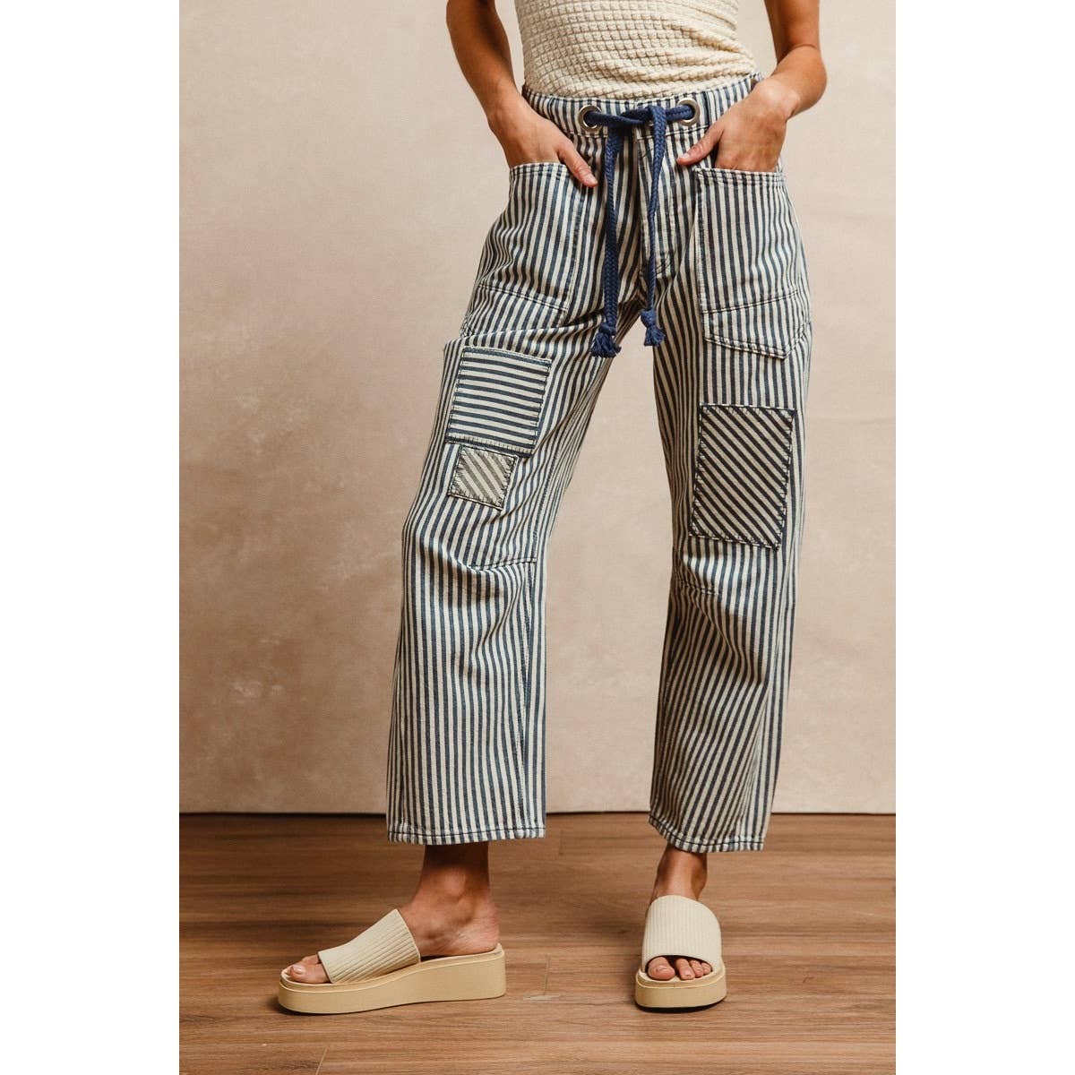 STRIPED TWILL BARREL PANTS: OATMEAL / S-M-L-XL(2-2-2-2)