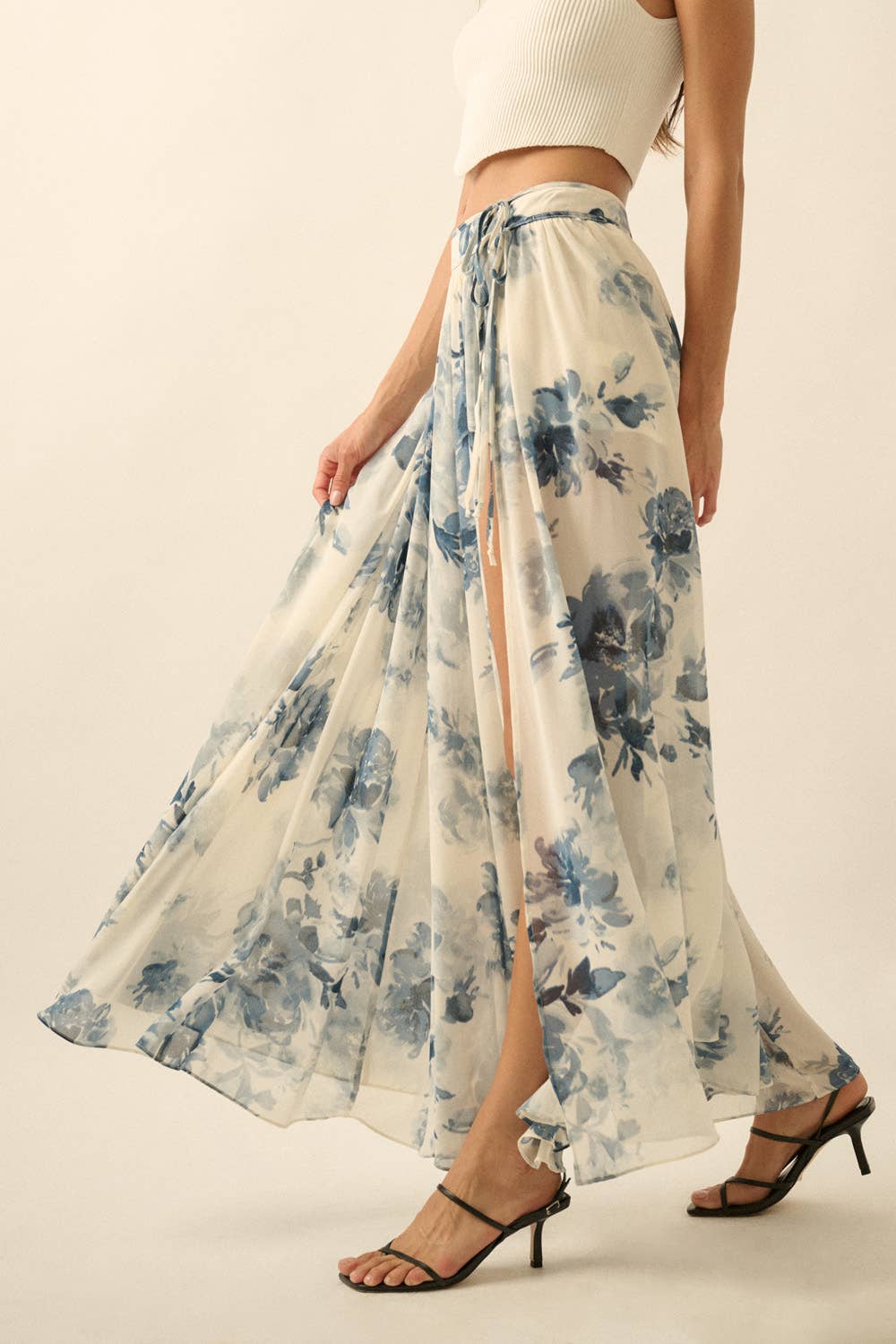 Floral-Print Chiffon Tie-Waist Maxi Skort: Retro Blue / M