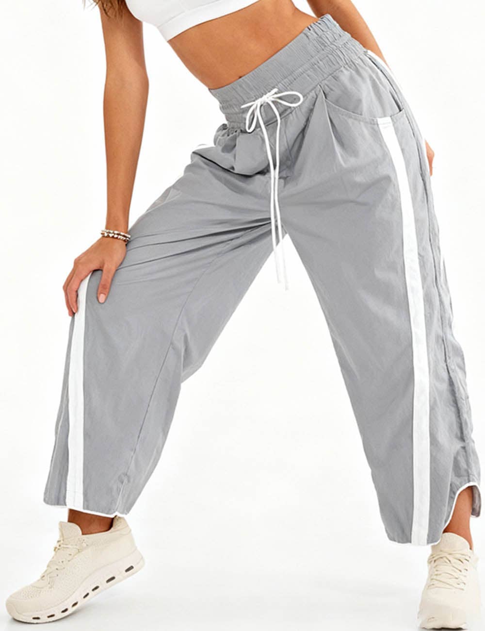 Ladies Color Block Striped Elastic Tie Waist Wide Leg Pants: Black / L