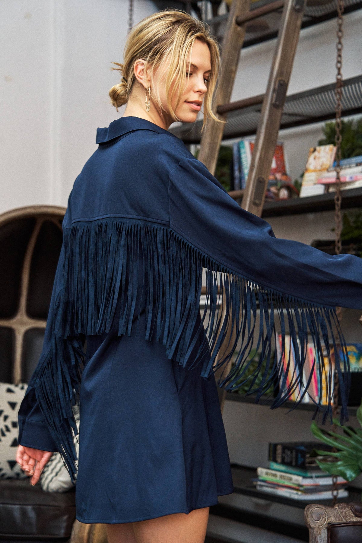 Western Fringe Trim Woven Shirt Dress JJD5017: NAVY / M