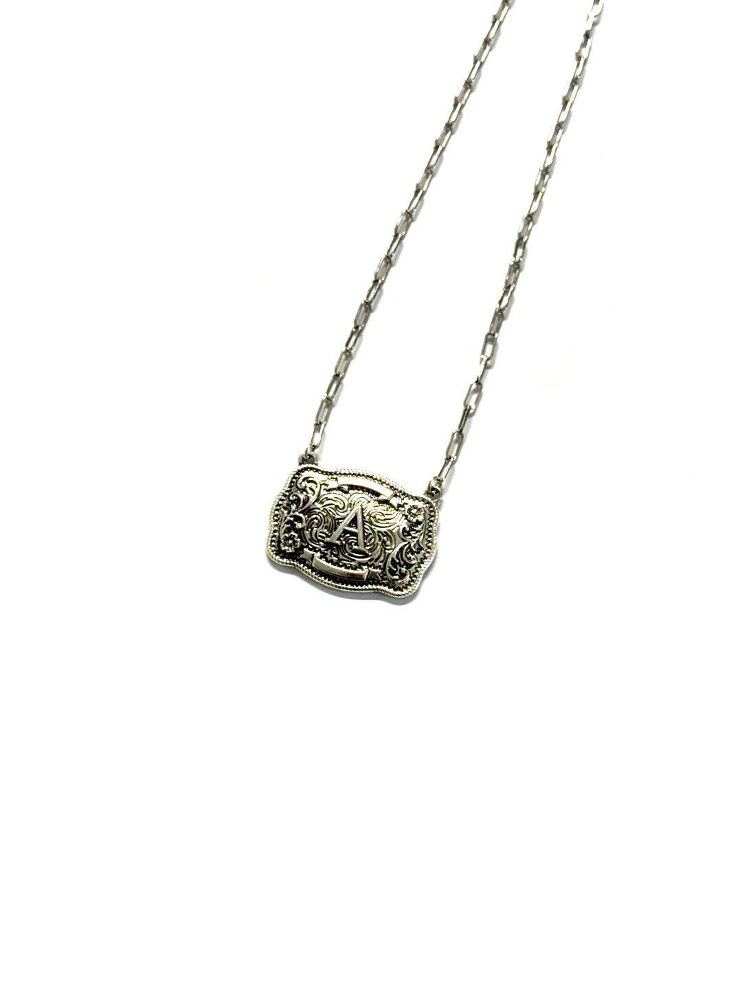 Western Belt Buckle Initial Necklace: F