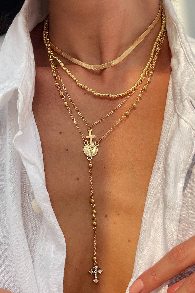 Layered Cross Pendant Necklace: SILVER / One Size