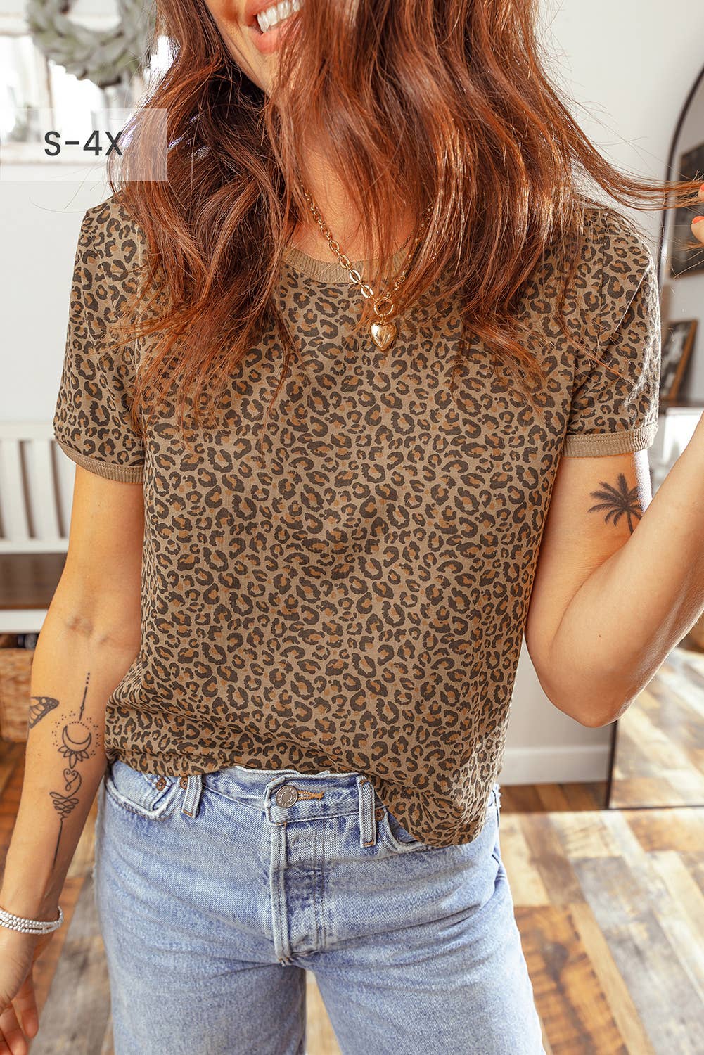 66 Plus Size Leopard Print Ribbed Trim Round Neck Tee (S-4X): Brown / M