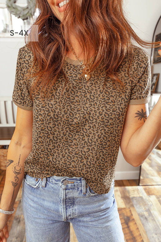 66 Plus Size Leopard Print Ribbed Trim Round Neck Tee (S-4X): Brown / M