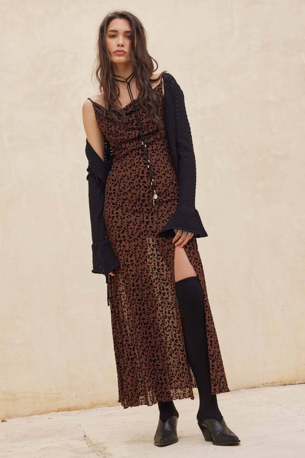 Flocked Leopard Mesh Cowl-Neck Maxi Dress: BURGUNDY / L