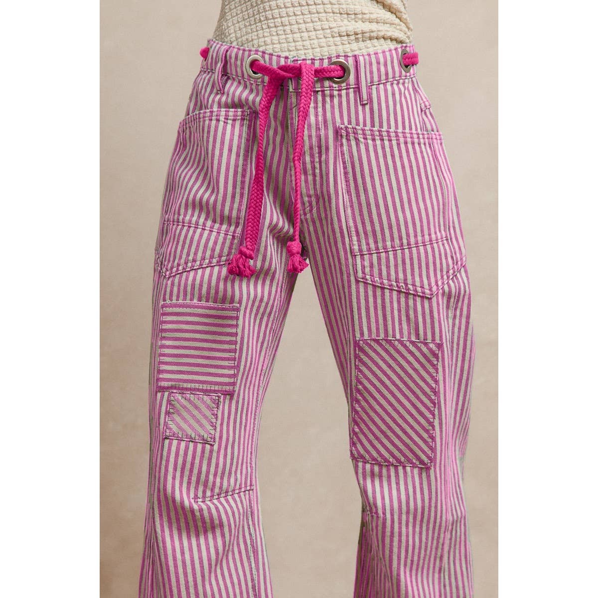 STRIPED TWILL BARREL PANTS: OATMEAL / S-M-L-XL(2-2-2-2)
