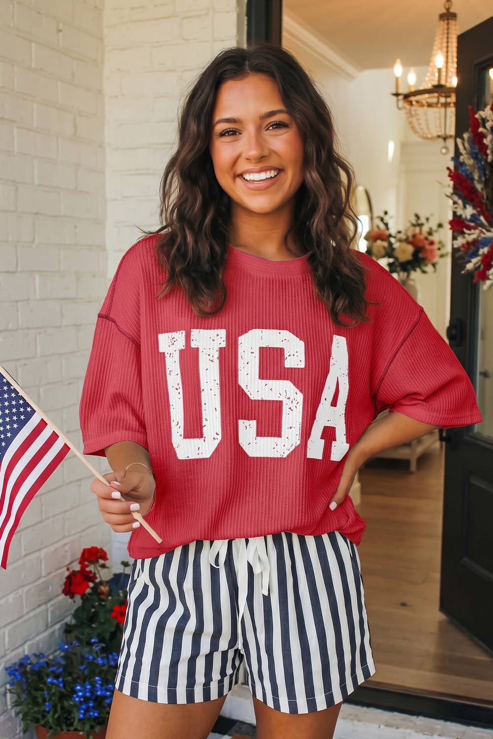 LAS USA Graphic Half Sleeve Loose Ribbed Top (S-XL): Fiery Red / Missy / L