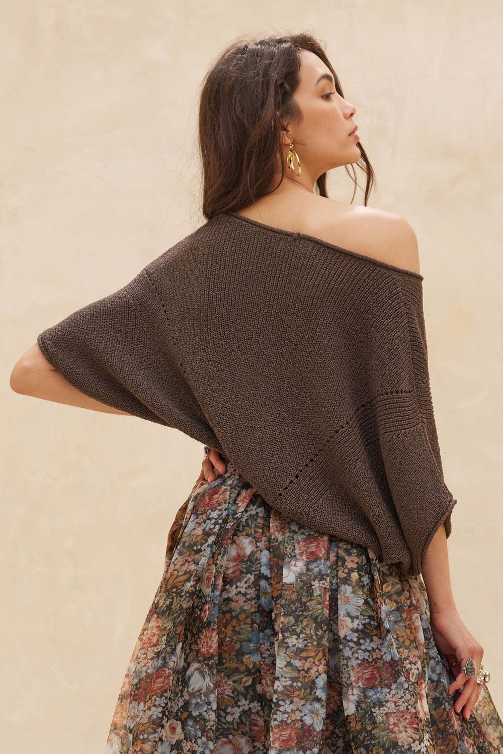 Short-Sleeve Pointelle Ribbed Knit Sweater: Mulberry / M