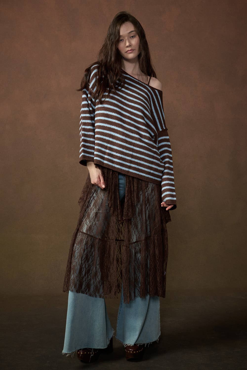 Striped Textured Knit Oversized Sweater: Midnight-Grey / M