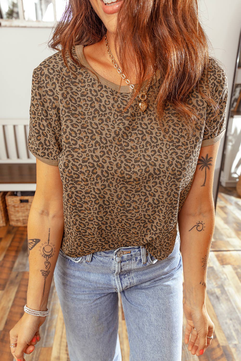 66 Plus Size Leopard Print Ribbed Trim Round Neck Tee (S-4X): Brown / S