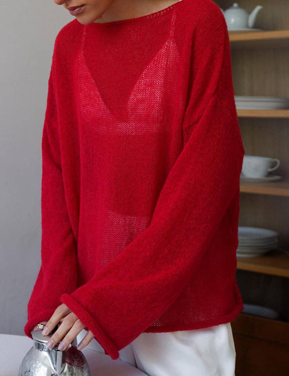 Ladies Solid Color Hollow Knit Top MY0106: Light Pink / M