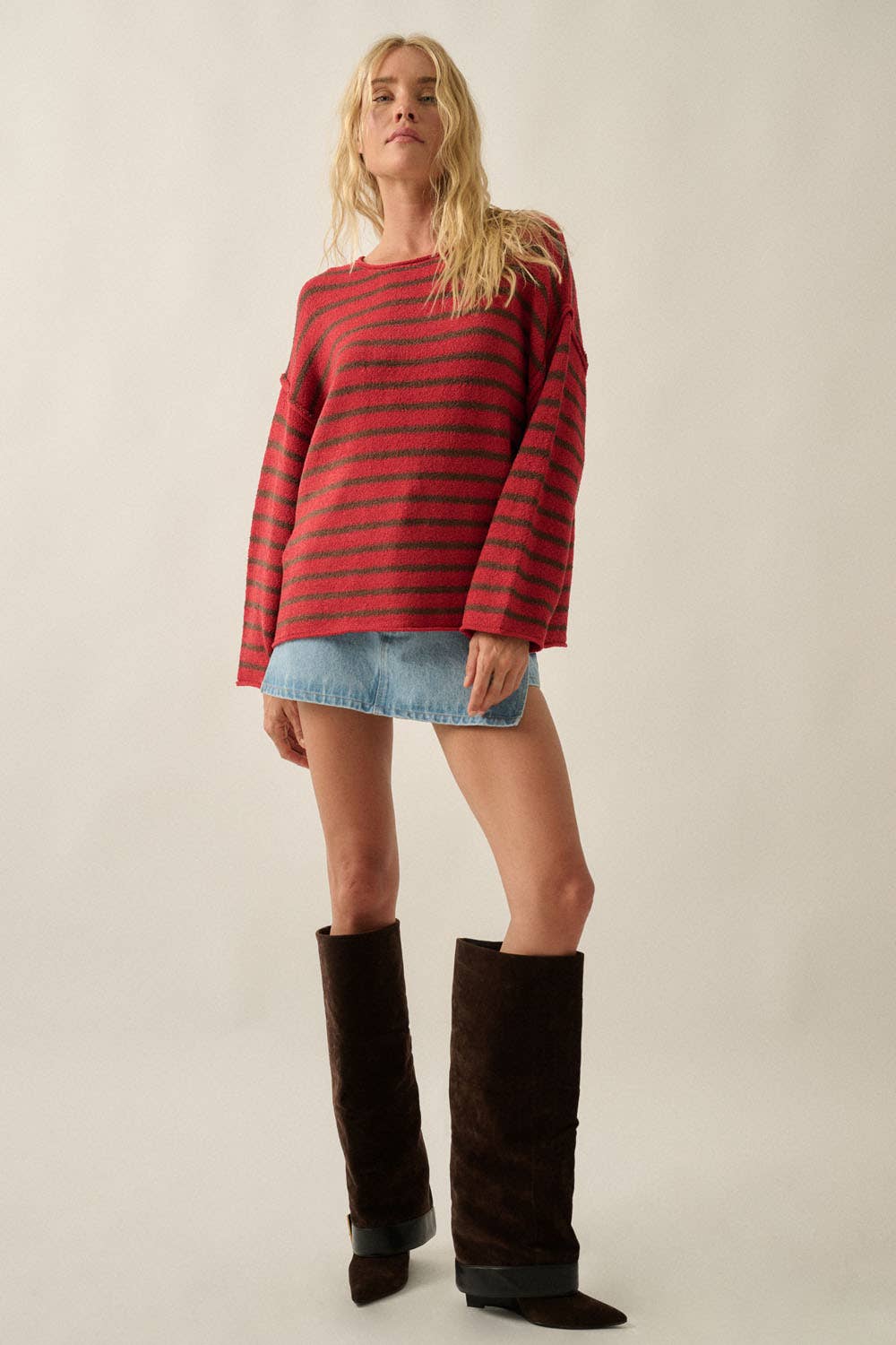 Striped Textured Knit Oversized Sweater: Choco-Blue / S