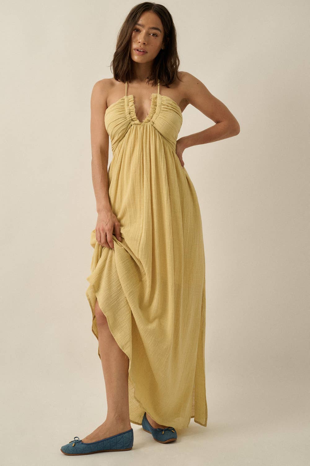 Cotton Gauze Tie-Back Halter Pocket Maxi Dress: Stone / L
