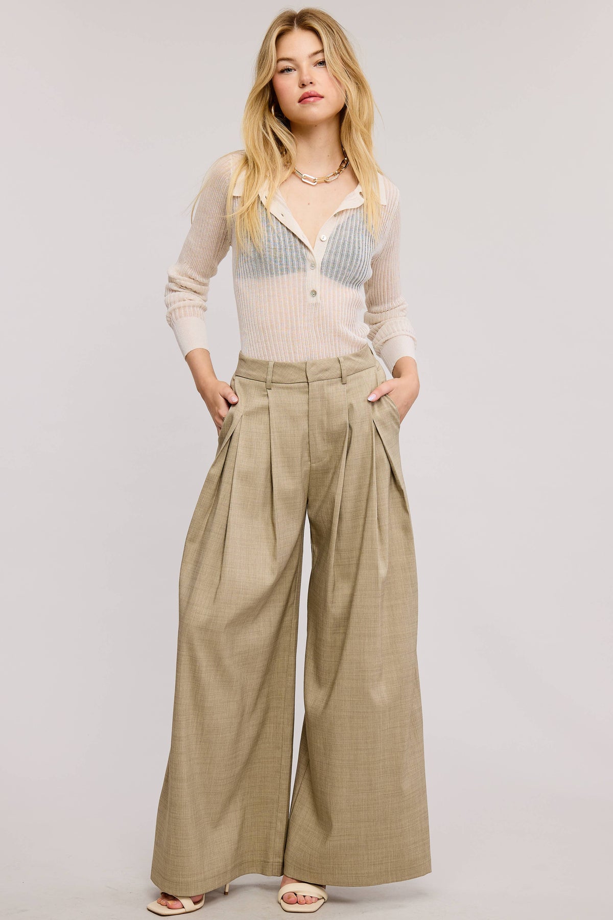Trendy Low Waist  Wide Leg Pleated Trouser Pants: BEIGE / M