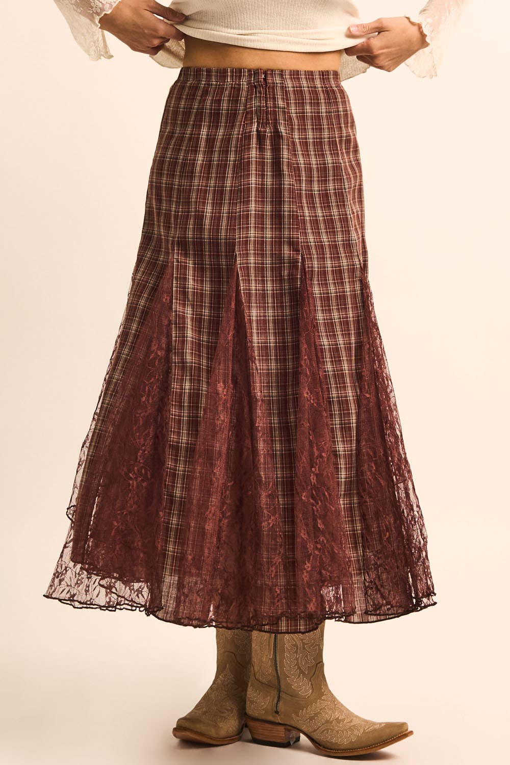 Plaid and Lace Godet Pleated A-Line High-Waist Maxi Skirt: Chocolate / S