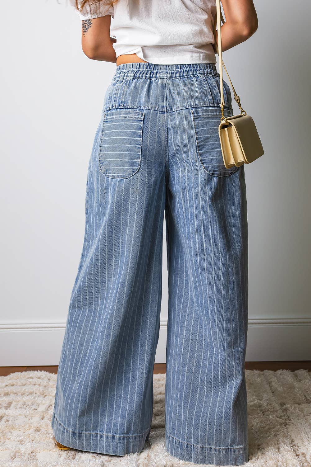 Stripe Button Pleated Drawstring Wide Leg Jeans | 4-16: Sky Blue Stripe / 8