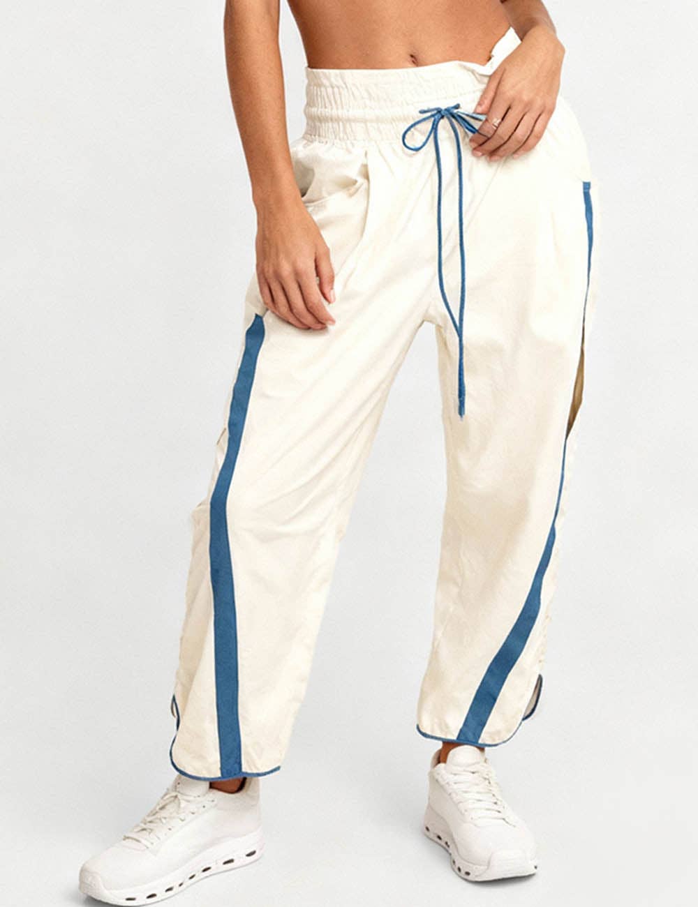 Ladies Color Block Striped Elastic Tie Waist Wide Leg Pants: Coffee / M