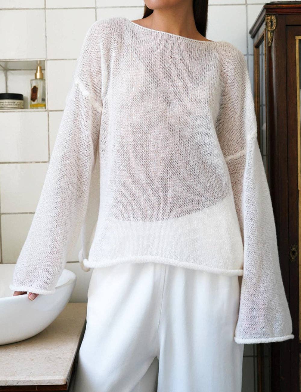 Ladies Solid Color Hollow Knit Top MY0106: Light Pink / L
