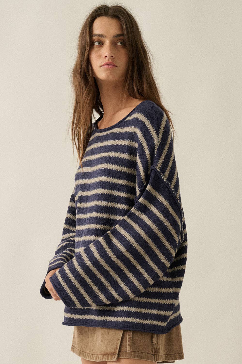 Striped Textured Knit Oversized Sweater: Midnight-Grey / S