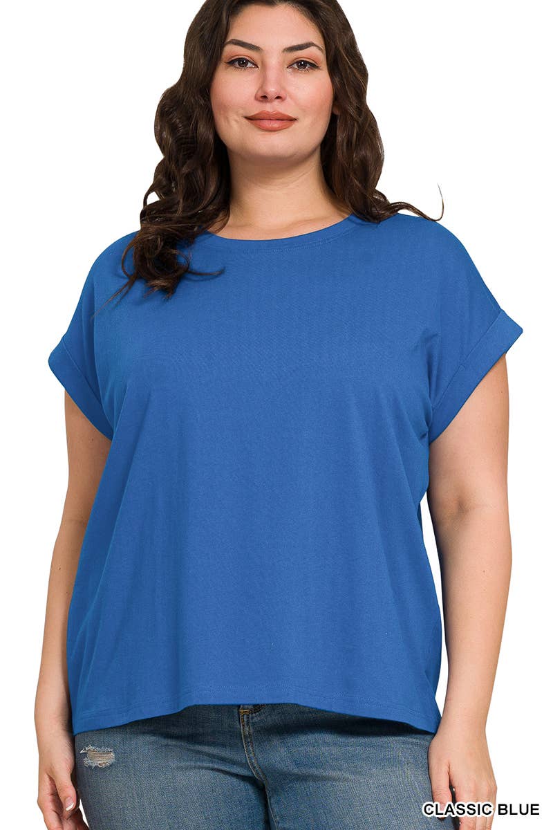 ,..._ Plus size Cotton Folded Sleeve T Shirt: +WHITE-173980 / 3X
