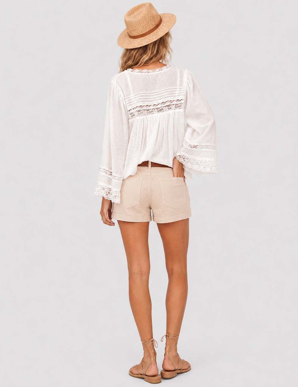 Ladies Solid Color Eyelets Ruffle Lace Blouse: Ivory / L